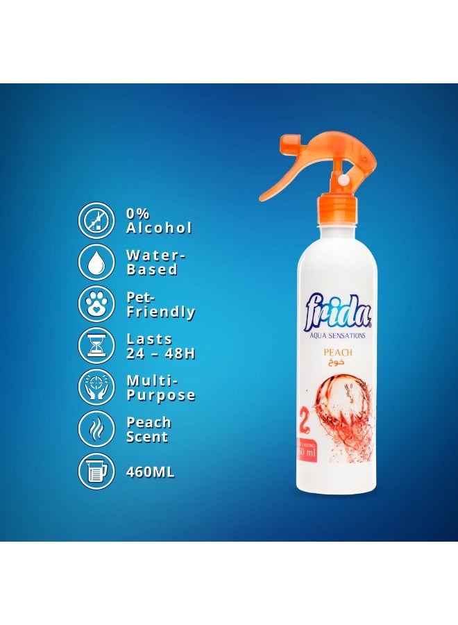 فريدا عبوة من قطعتين من معطر الجو فريدا أكوا سينسيشنز برائحة الخوخ، 460 مل، أساس مائي، خالٍ من الكحول، متعدد الاستخدامات، مزيل للروائح الكريهة من الأقمشة والغرف والمنزل، يدوم طويلاً - Image 2